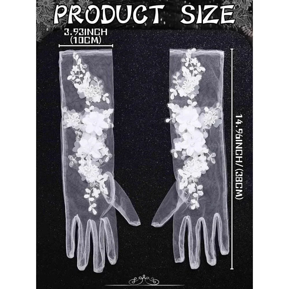 Women's White Floral Lace Halloween Flower Embroidery Gloves Tulle Party Prom